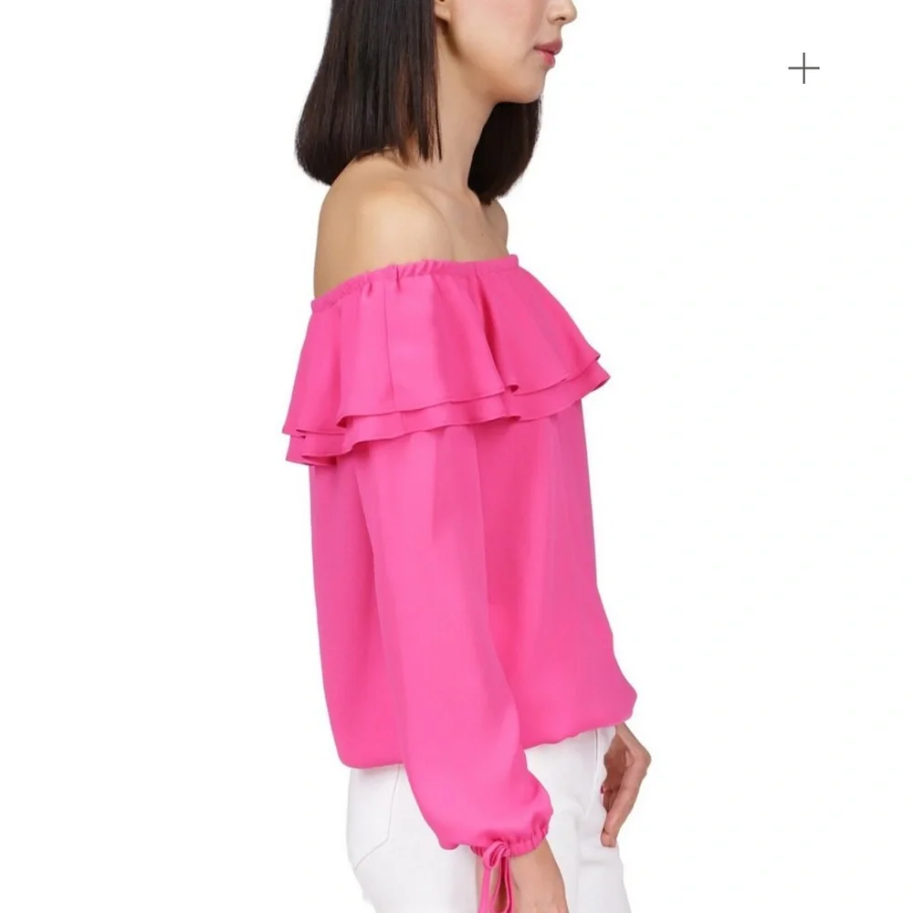 Michael Kors Women’s Pink Ruffled Off-The-Shoulder Top - Picture 3 of 4